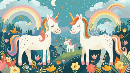 Two Unicorns and a Baby Unicorn in a Fantasy Forest with Rainbows