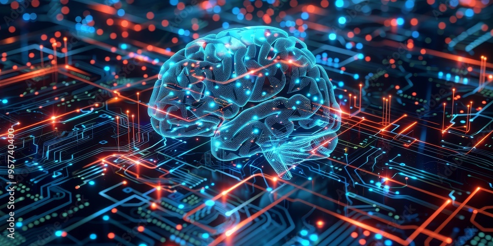 Poster Machine learning and artificial intelligence technology with digital data processing on abstract futuristic background