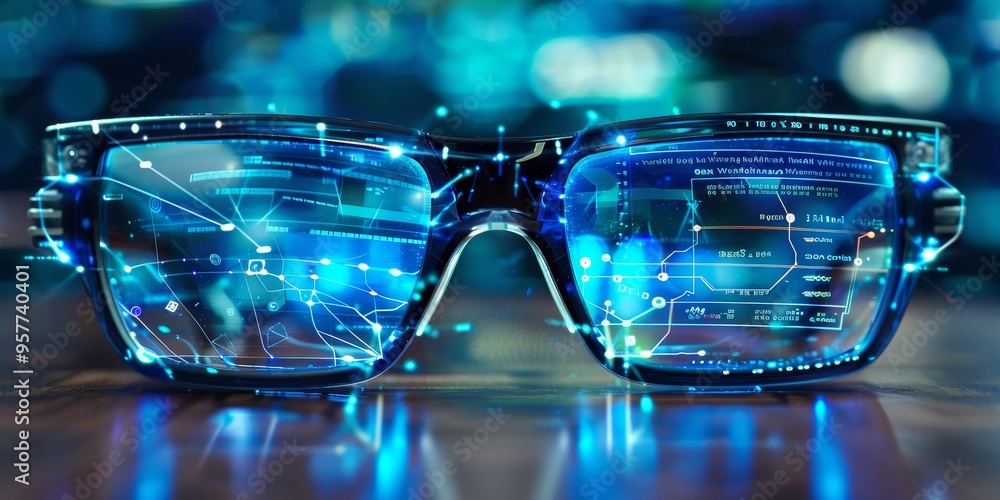 Poster Augmented reality glasses with digital information overlay, illustrating AR technology and virtual data visualization