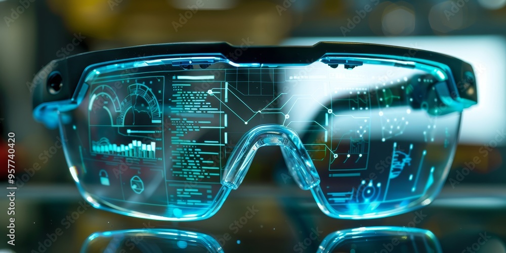 Poster augmented reality glasses with digital information overlay, illustrating ar technology and virtual d