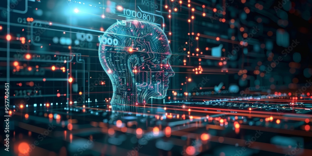 Poster Abstract digital data processing concept with machine learning and AI technology on technological background