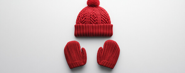 Warm red knitted hat and mittens set on white background, perfect for winter.