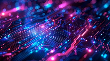 Obraz premium Illuminated Circuit Board with Pink and Blue Lights