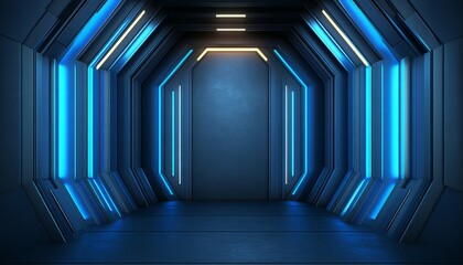 Fototapeta premium Futuristic Blue and White Lit Corridor with a Door at the End