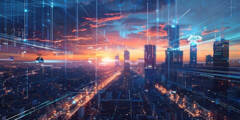 Fototapeta premium Futuristic digital cityscape with holographic buildings and flying vehicles, symbolizing future technology and urban development