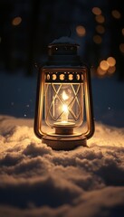 Vintage lantern in the snow at night. Christmas and New Year concept, Christmas lantern on snow...