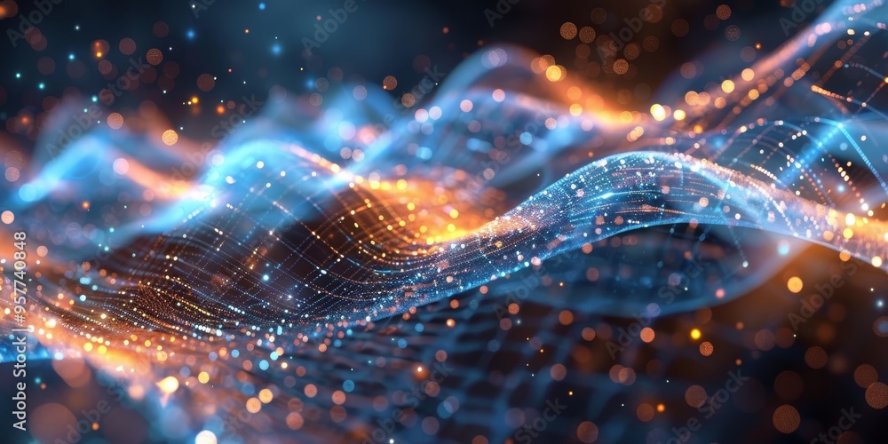 Poster Quantum physics concept with abstract digital particles and wave function, symbolizing quantum mechanics and scientific research