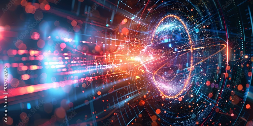 Poster Quantum physics concept with abstract digital particles and wave function, symbolizing quantum mechanics and scientific research