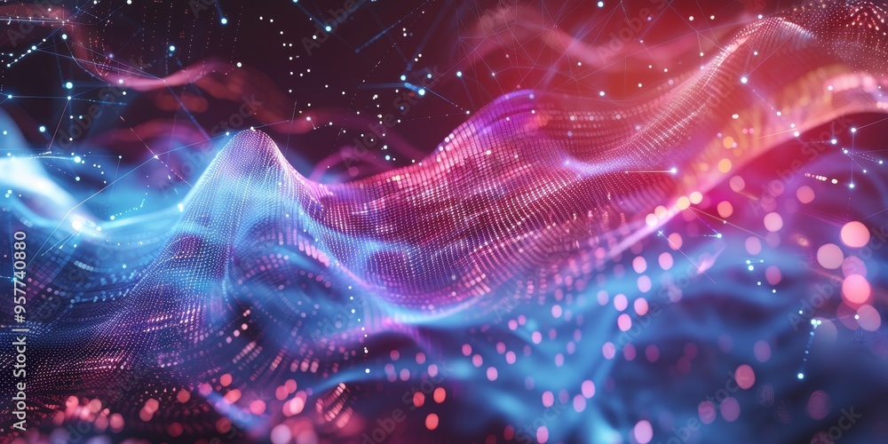 Poster Quantum physics concept with abstract digital particles and wave function, symbolizing quantum mechanics and scientific research