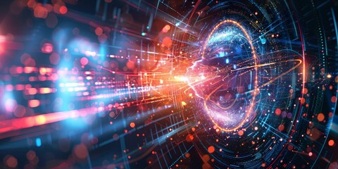 Obraz premium Quantum physics concept with abstract digital particles and wave function, symbolizing quantum mechanics and scientific research