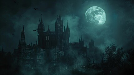 A Silhouetted Gothic Castle Under a Full Moon