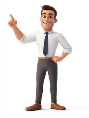 Fototapeta premium A man in a white shirt and gray pants is pointing to the sky