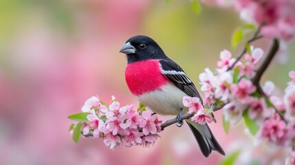 Bird on a Branch of Pink Flowers