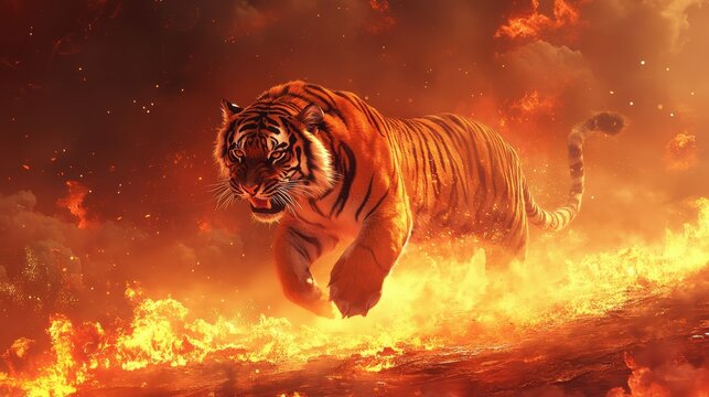 A tiger is running through a fire, with flames and smoke in the background