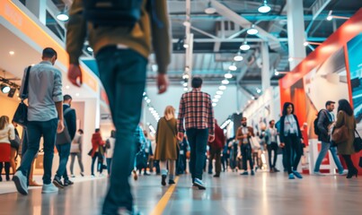 Exhibition expo event trade fair hall with busy bustling people walking to conferences in a modern hall crowded business people with a bokeh effect. Generative AI