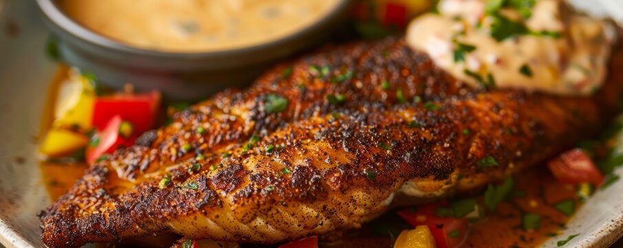 Cajun blackened catfish with remoulade sauce, 4K hyperrealistic photo