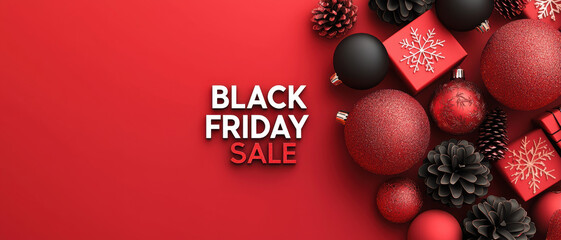 Bright red Black Friday sale banner with festive decoration including pine cones, baubles, and gift boxes for holiday promotions.