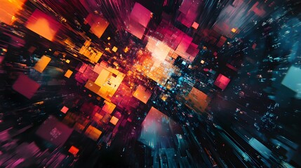 Abstract digital art with glowing squares and lines in a dark background.