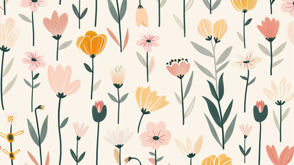 Minimalistic floral pattern with simple hand-drawn flowers in pastel colors