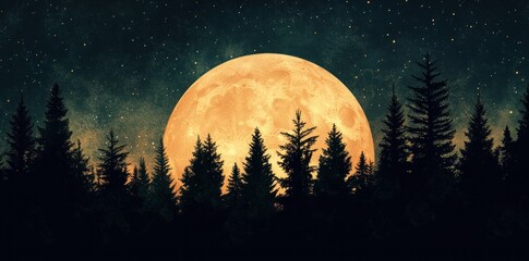 Full Moon Over a Silhouetted Forest at Night