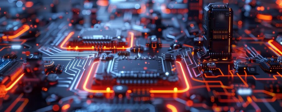Futuristic 3D circuits with glowing elements, 4K hyperrealistic photo