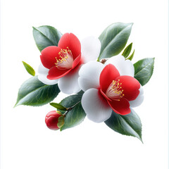 Obraz premium Beautiful camellia flowers with red and white petals, showcasing detailed leaves on a white background, ideal for floral design.