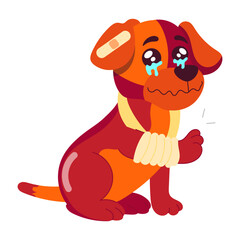Crying injured dog with bandage on hand, flat sticker 
