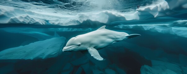 Naklejka premium Serene beluga whale diving in Arctic seas, 4K hyperrealistic photo