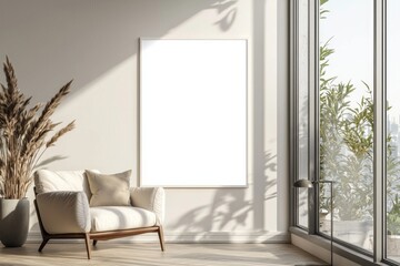 Poster Frame in Beige minimalist living room interior created with generative AI