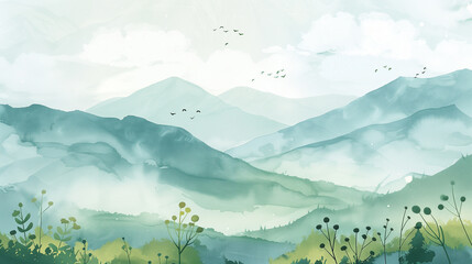 Watercolor landscape of misty mountains with lush green valleys