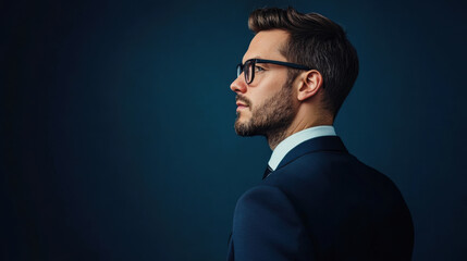 Obraz premium Side profile of a confident businessman wearing glasses and a suit, standing against a dark blue background.
