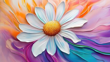 Obraz premium 3D oil painting of a daisy with colorful stems, featuring a soft and cute aesthetic. The image captures the delicate beauty of the daisy with a vibrant array of stems, rendered in a rich,