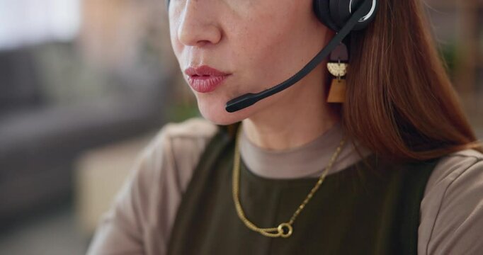 Consultant headset, remote work and woman with talking for customer service, technical support and assistance. Insurance agent, mouth and conversation with microphone in home office for contact us