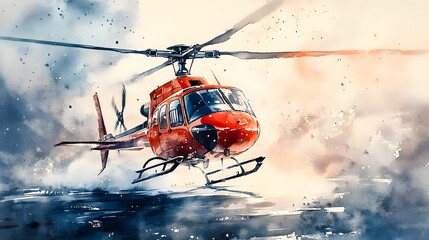 A stunning watercolor artwork of a helicopter closely following an airplane, both bathed in the soft glow of the morning sun, with subtle reflections on their metallic surfaces