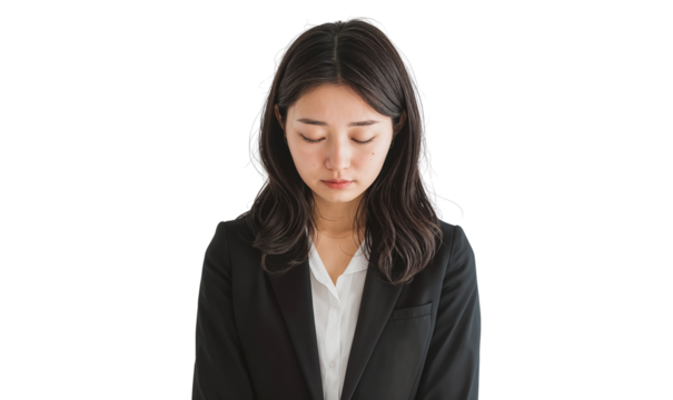 Japanese businesswoman looking frustrated, appearing stressed and tired, isolated on transparent background