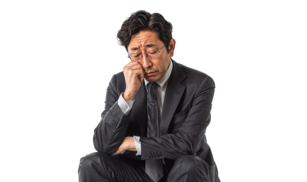 Portrait of a businessman looking frustrated, appearing stressed and tired, isolated on transparent background