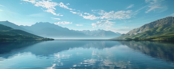 Tranquil lake with a distant mountain range, 4K hyperrealistic photo