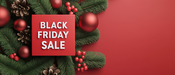 Festive Black Friday sale banner with red ornaments, pine cones, and evergreen branches on a red background, perfect for holiday promotions.