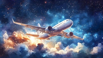 Naklejka premium A charming watercolor of a cartoon airplane flying high with stars twinkling all around, evoking a sense of wonder