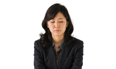 Japanese businesswoman looking frustrated, appearing stressed and tired, isolated on transparent background