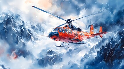 Fototapeta premium A rescue aircraft cutting through a stormy sky above treacherous snowy cliffs, watercolor painting of courage and urgency in the wilderness