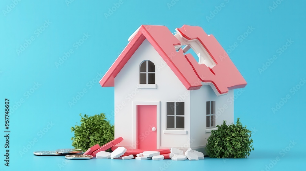 Poster visualizing the impact of decreasing interest rates on a house with a falling price tag can help pre