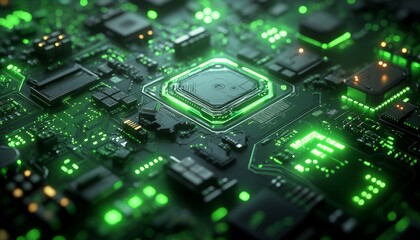 Fototapeta premium Illuminated Green Circuit Board with Central Processor