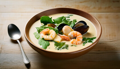A bowl of creamy seafood soup with shrimp, scallops, and fresh greens