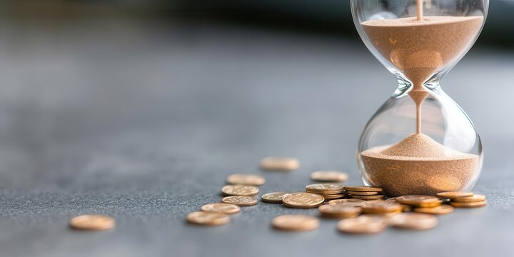 Hourglass with falling coins and a declining interest rate line, time and money metaphor