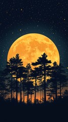 Silhouetted Trees Against a Full Orange Moon and Starry Night Sky