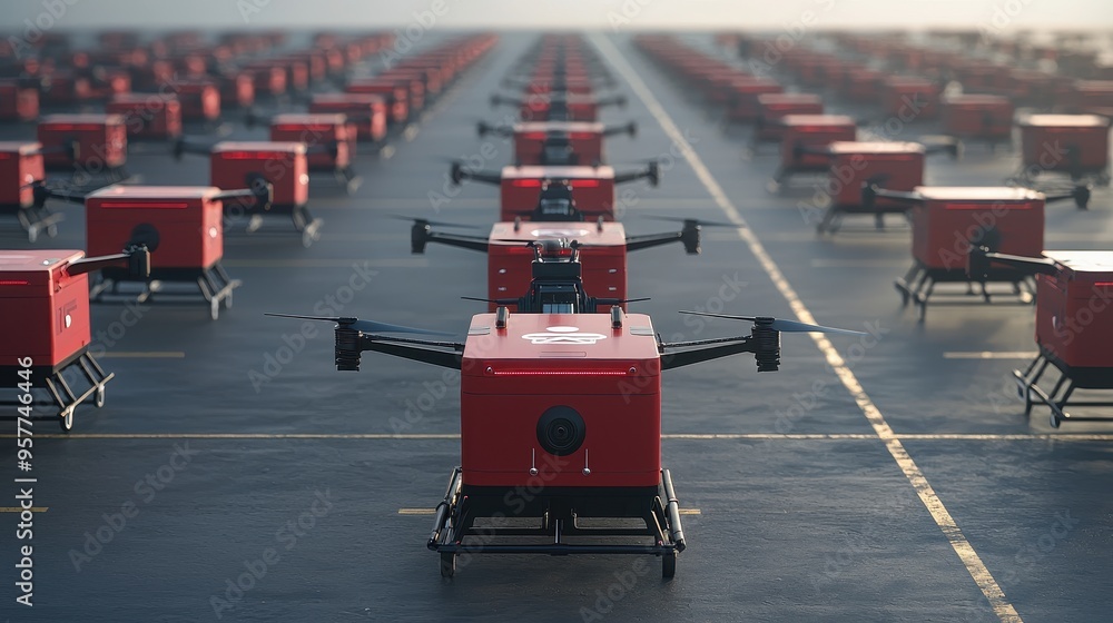 Aufkleber red delivery drones in a row future of shipping automated delivery drone fleet delivery drones aeria