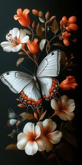 Illustration of a white butterfly with orange accents on a floral branch against a dark background
