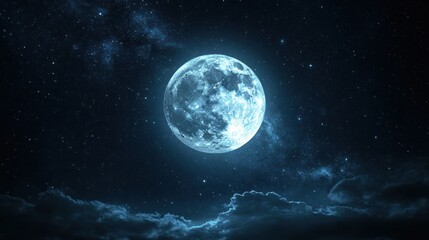 Full Moon and Stars Over Dark Clouds in Night Sky