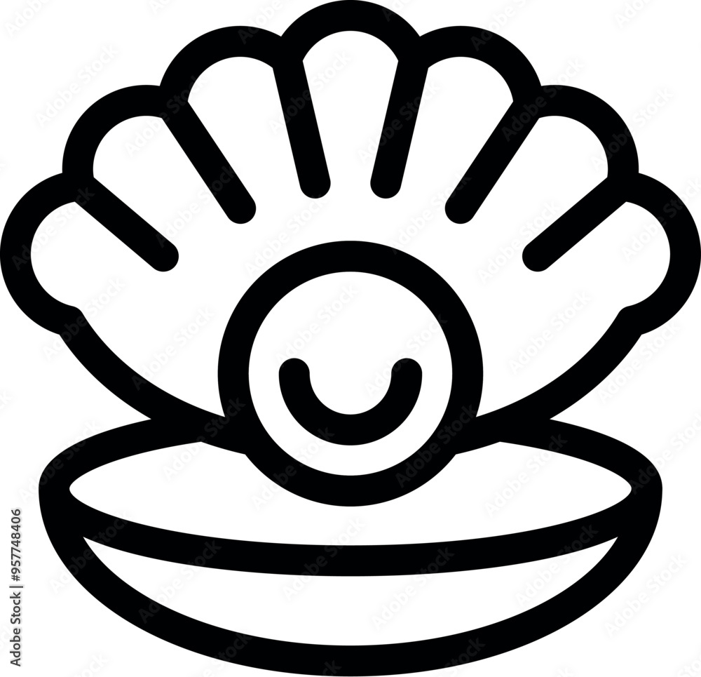 Poster open shell showing smiling pearl icon in outline style for website, app, ui